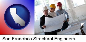 a structural engineer discussing plans with manager and foreman in San Francisco, CA