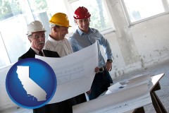 california map icon and a structural engineer discussing plans with manager and foreman