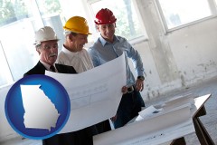 georgia map icon and a structural engineer discussing plans with manager and foreman