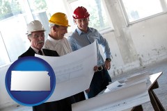 kansas map icon and a structural engineer discussing plans with manager and foreman