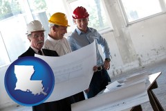 louisiana map icon and a structural engineer discussing plans with manager and foreman