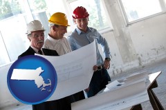 massachusetts map icon and a structural engineer discussing plans with manager and foreman