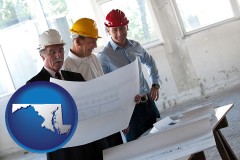 maryland map icon and a structural engineer discussing plans with manager and foreman
