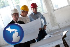 michigan map icon and a structural engineer discussing plans with manager and foreman