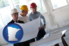 minnesota map icon and a structural engineer discussing plans with manager and foreman