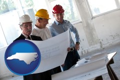 north-carolina map icon and a structural engineer discussing plans with manager and foreman