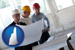 new-hampshire map icon and a structural engineer discussing plans with manager and foreman