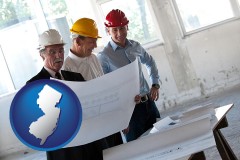 new-jersey map icon and a structural engineer discussing plans with manager and foreman