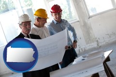 pennsylvania map icon and a structural engineer discussing plans with manager and foreman
