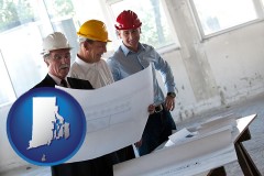 rhode-island map icon and a structural engineer discussing plans with manager and foreman