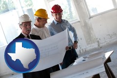 texas map icon and a structural engineer discussing plans with manager and foreman