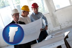 vermont map icon and a structural engineer discussing plans with manager and foreman