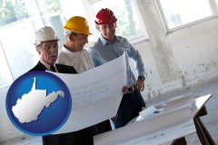 west-virginia map icon and a structural engineer discussing plans with manager and foreman