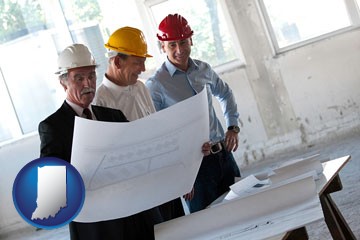 a structural engineer discussing plans with manager and foreman - with Indiana icon